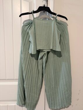 Pleated Sage Wide-Leg Jumpsuit